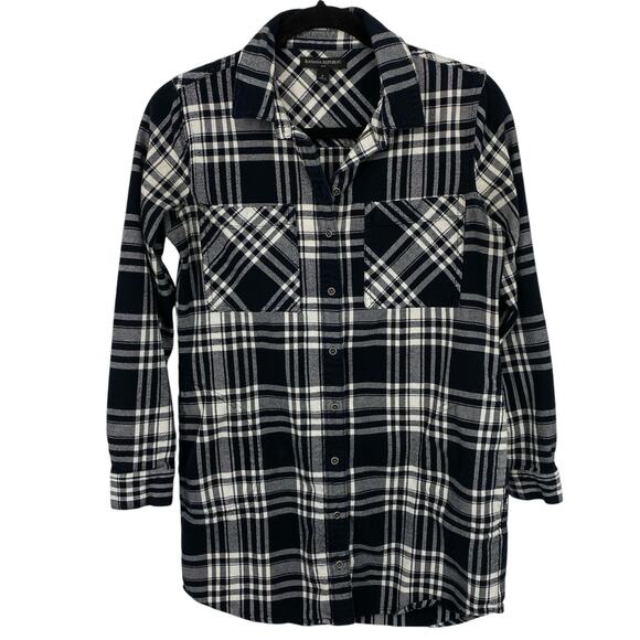 Banana Republic Black Plaid Flannel Tunic Women size 2 Pockets Button Up LS - Picture 1 of 12